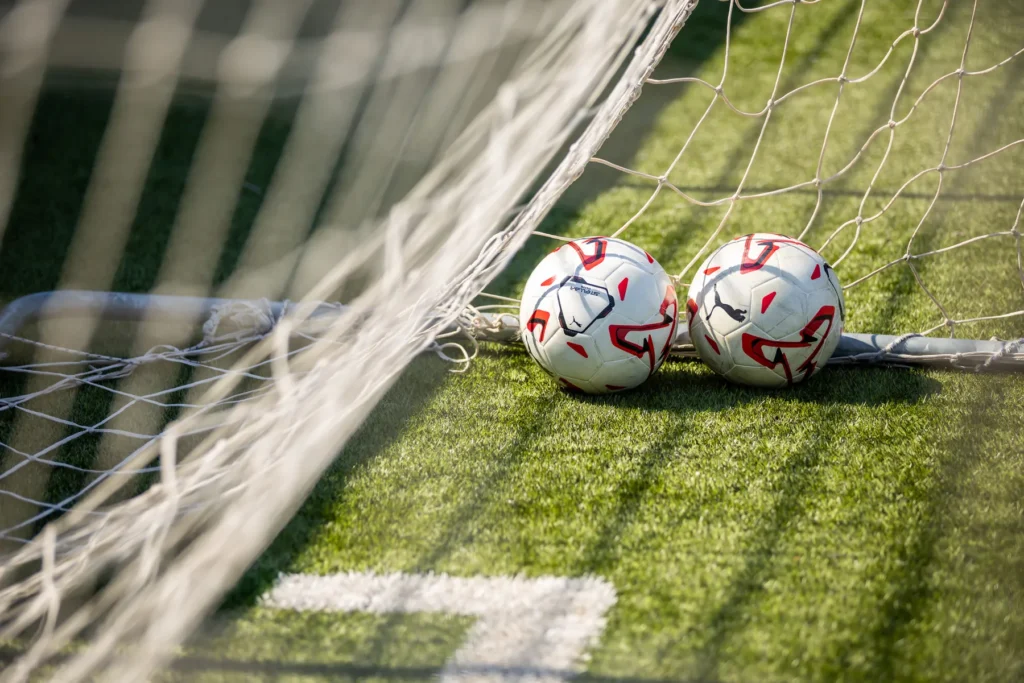 Two footballs resting in the corner of a goal net